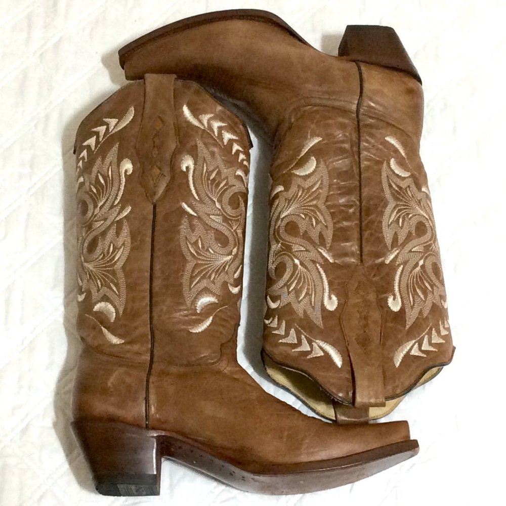 Corral A1174 Leather Cowboy Boots Sand Chocolate Brown Stitching Womens 9.5